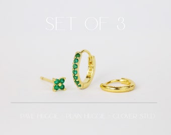 Emerald Earring Set Stack Tiny Pave Huggie Hoop CZ Earrings • Gold Pave Dainty Earrings • Huggie Hoops • Minimalist Earrings • Gift for Her