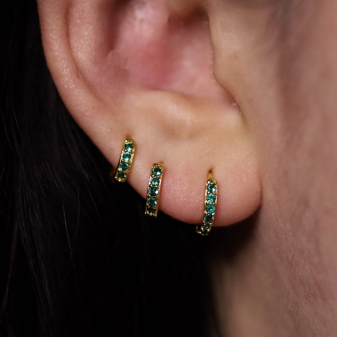 Emerald Pave Huggie Hoop Green Earrings 18k Gold Pave Dainty Earrings