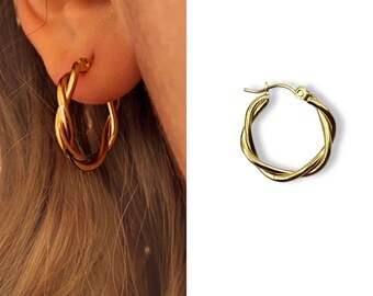 Twist Gold 18k Gold Hoop • Earrings Hypoallergenic Titanium Fill • 18k Gold Plated Simple • Dainty Minimalist