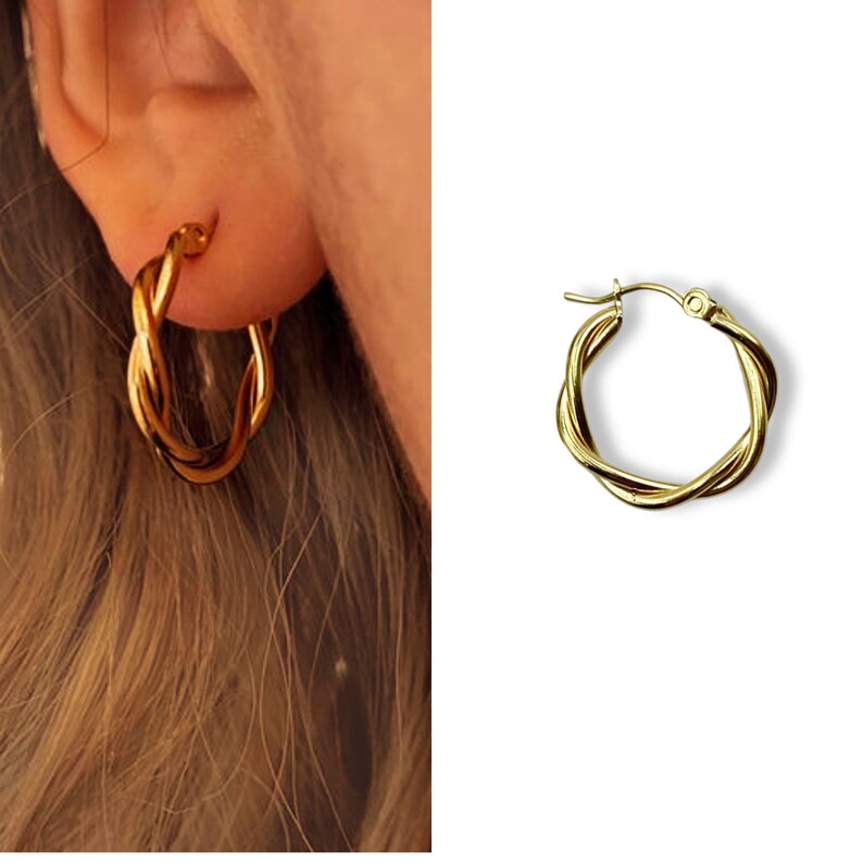 Twist Gold 18k Gold Hoop Earrings Hypoallergenic Titanium Etsy