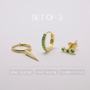 Gold Spike  Earring Set Stack Tiny Pave Huggie Hoop CZ Earrings • Gold Pave Dainty Earrings •  Minimalist Earrings • Gift for Her