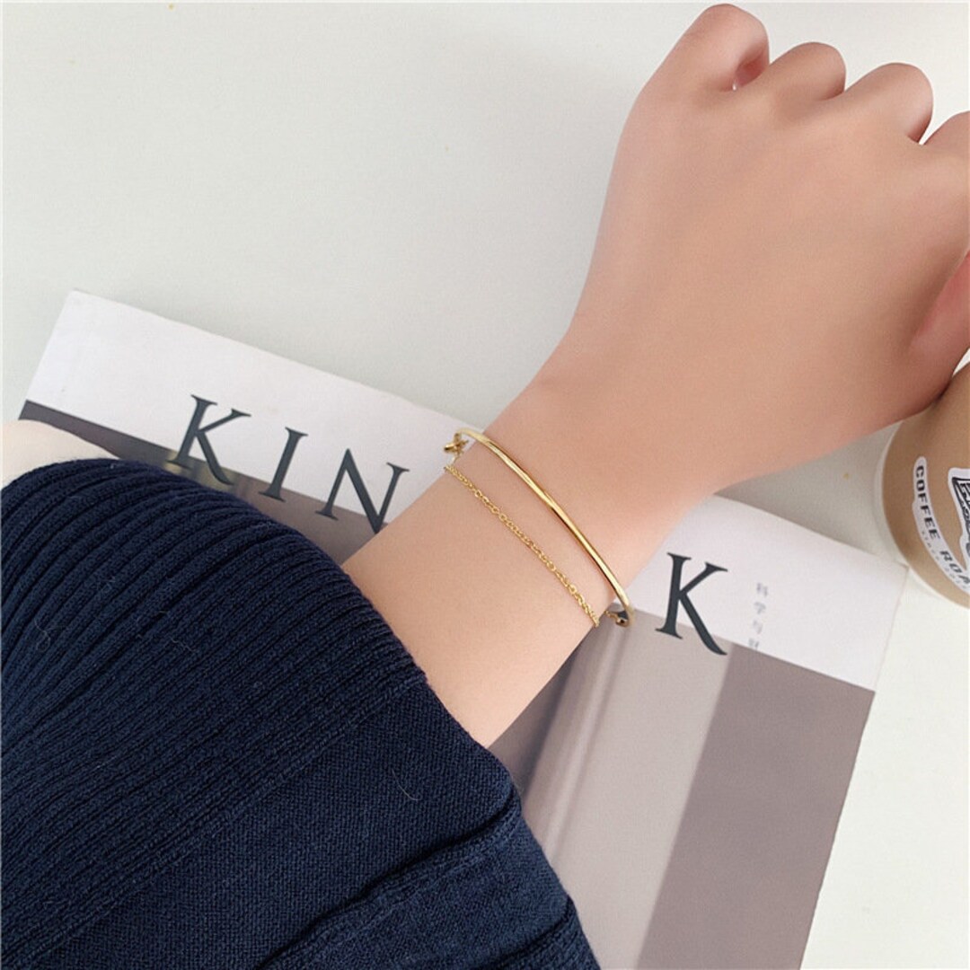 Layered Chain Bangle Double 18k Gold Bracelet Layering - Etsy