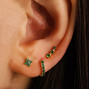 Emerald Earring Set Stack Tiny Pave Huggie Hoop CZ Earrings • Gold Pave Dainty Earrings •  Minimalist Earrings • Gift for Her