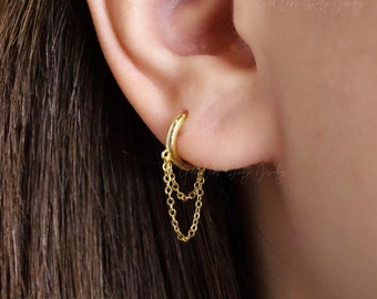 Hoop Chain Gold Earring 18k  • Lobe Dangle Stack Earring Conch Labret Helix Conch Lobe Flat Back•  Hypoallergenic •  Hoops Earring