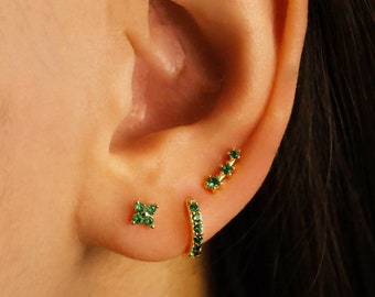 Emerald Earring Set Stack Tiny Pave Huggie Hoop CZ Earrings • Gold Pave Dainty Earrings •  Minimalist Earrings • Gift for Her