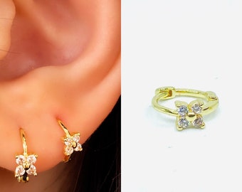 Tiny Flower Hoop Earrings • CZ Dainty Earrings • Huggie Hoops Earrings •  Cubic Zirconia Earrings • Minimalist Earrings • Gift for Her