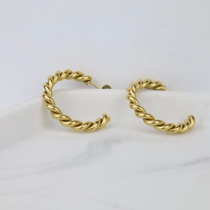 Gold Hoop Twist Rope Earrings • Silver Titanium 18k Plated Open Croissant • Chunky Earrings - minimalist hypoallergenic