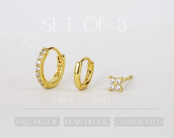 Earring Set Stack Tiny Pave Huggie Hoop CZ Earrings • Gold Pave Dainty Earrings • Huggie Hoops • Minimalist Earrings • Gift for Her