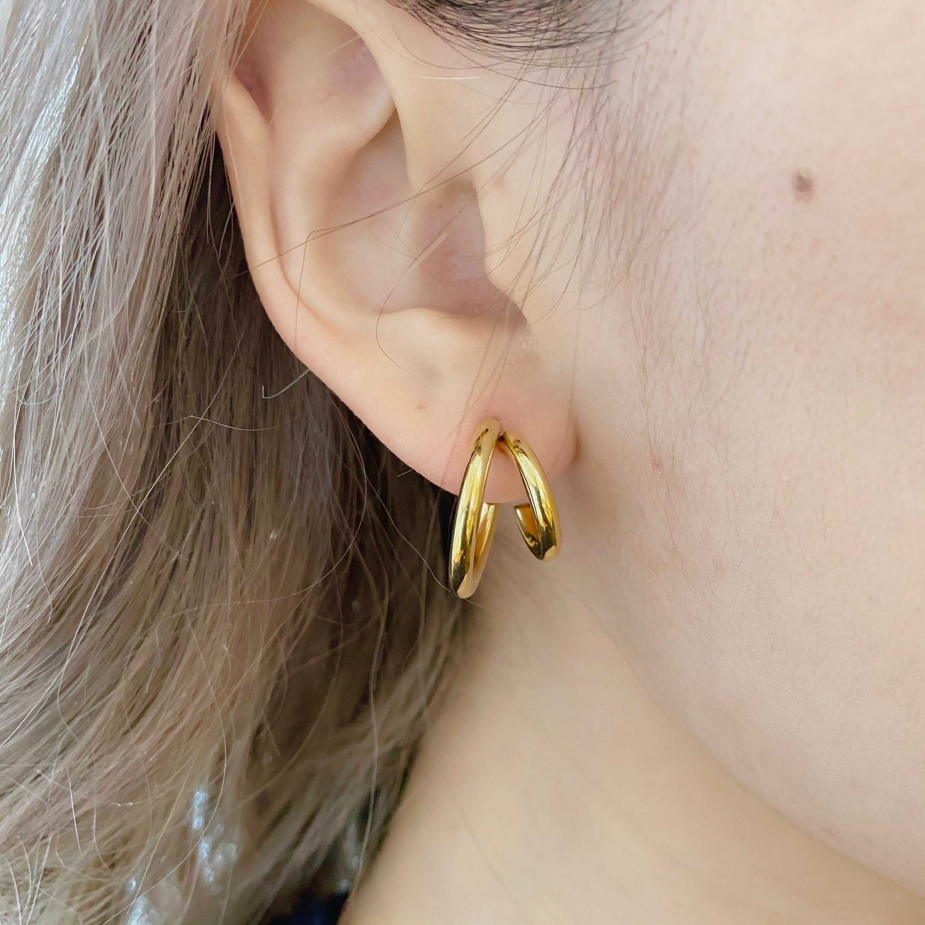 Gold Double Band Ring Earring Set Layered 18k Stack Etsy