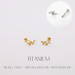 May include: Gold-colored titanium lip piercing studs with a snake design. The image also shows a close-up of the piercing post. The word "TITANIUM" is printed in the image, along with the words "NICKEL FREE • HYPOALLERGENIC • WATERPROOF".