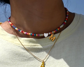 Personalized Colorful Beaded Choker Necklace Set 14k Gold Initial