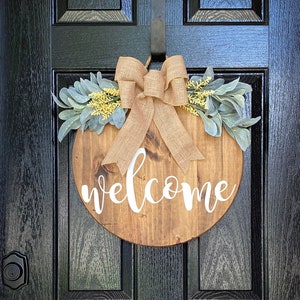 Welcome Wood Door Hanger, Round Wood Front Door Sign