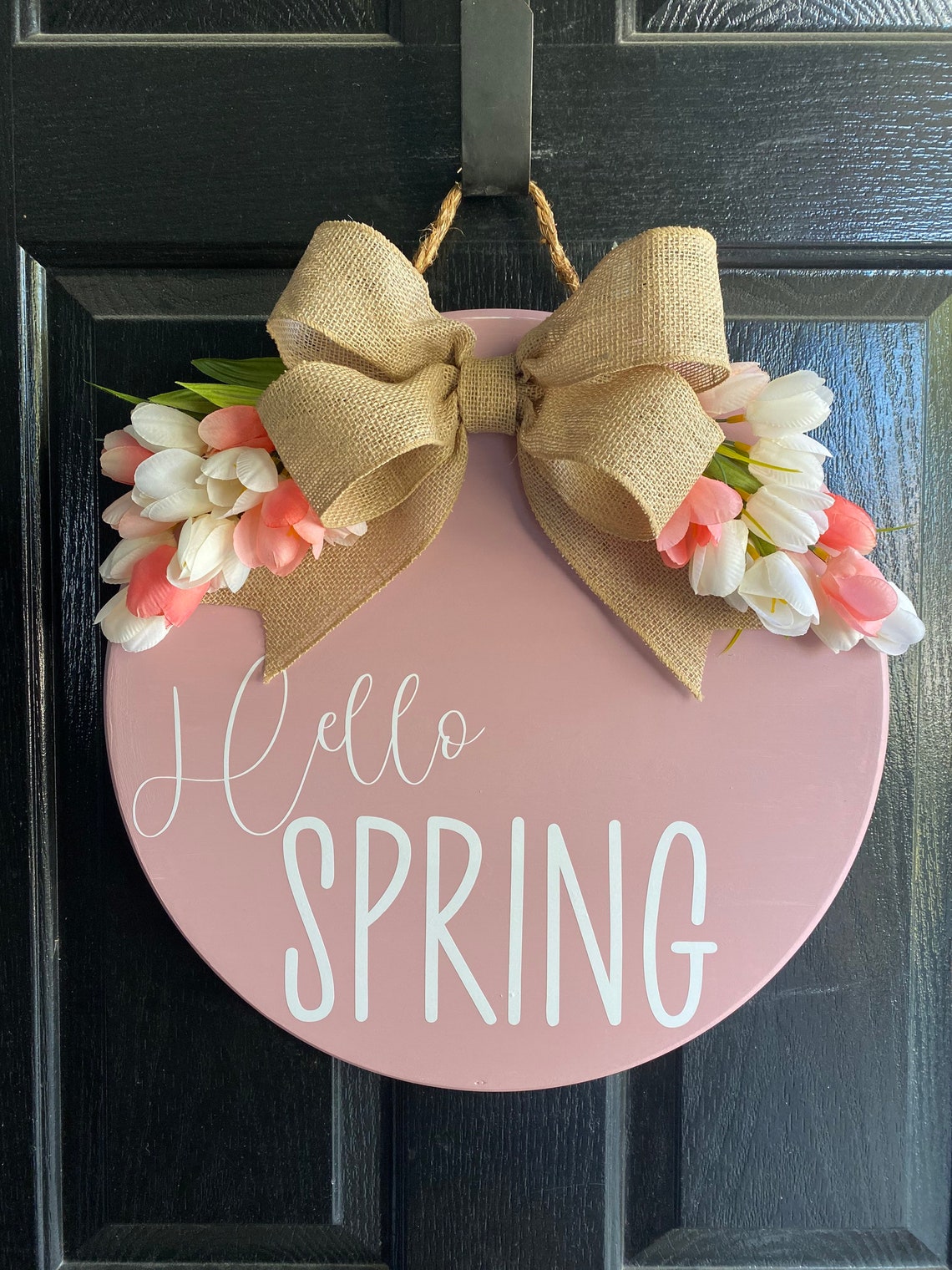 Hello Spring Door Hanger Round Wood Door Hanger Painted Etsy