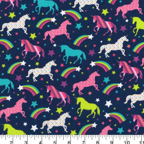 Rainbows and Unicorns on Navy Fabric 100% Cotton, Fat Quarter or 1/2 Yard - FAST SHIPPING!