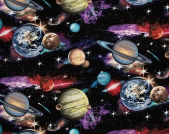 Solar System Planets Outer Space Fabric Black - 1/2 Yard (18" x 44") - 100% Cotton - FAST SHIPPING!