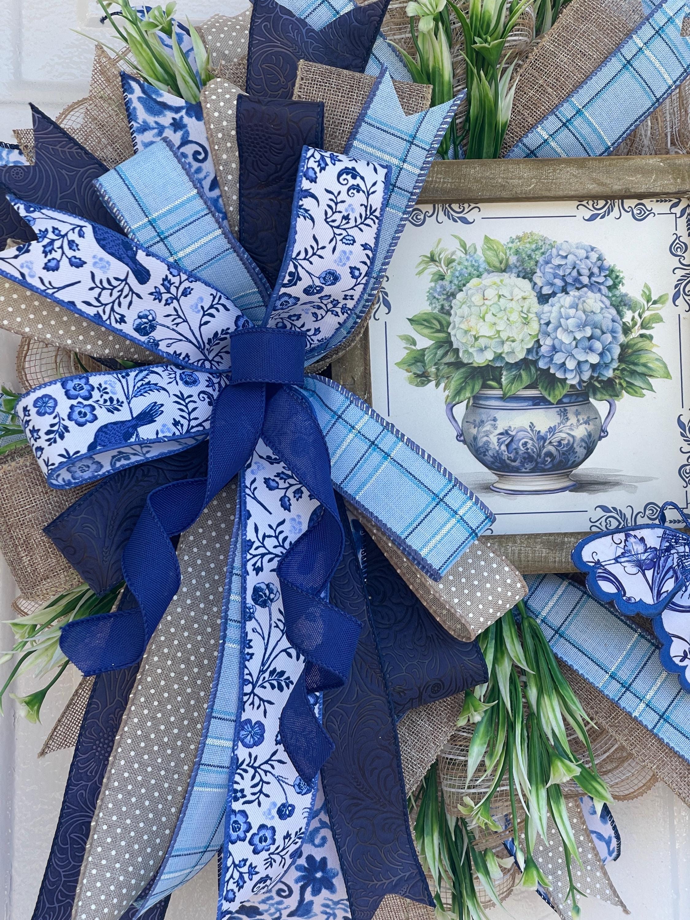 Handmade Blue Hydrangea Wreath, Chinoiserie Butterfly, Farmhouse Door