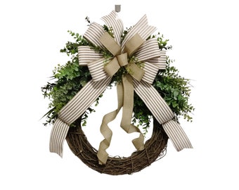 Farmhouse Eucalyptus Wreath: Striped Burlap Bow, Rustic Door Decor