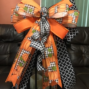 Handmade Autumn Gingham Pumpkin Bow: Rustic Fall Wreath Decor