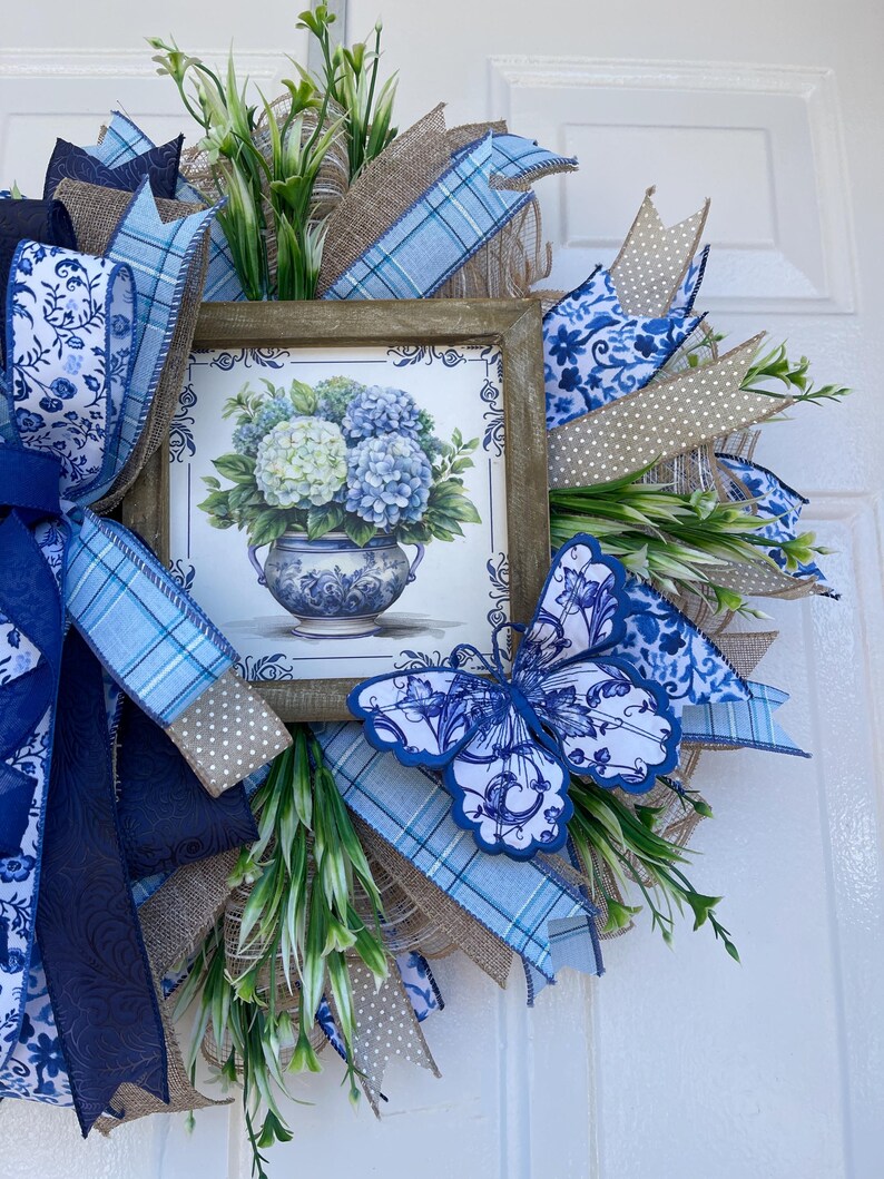 Handmade Blue Hydrangea Wreath, Chinoiserie Butterfly, Farmhouse Door