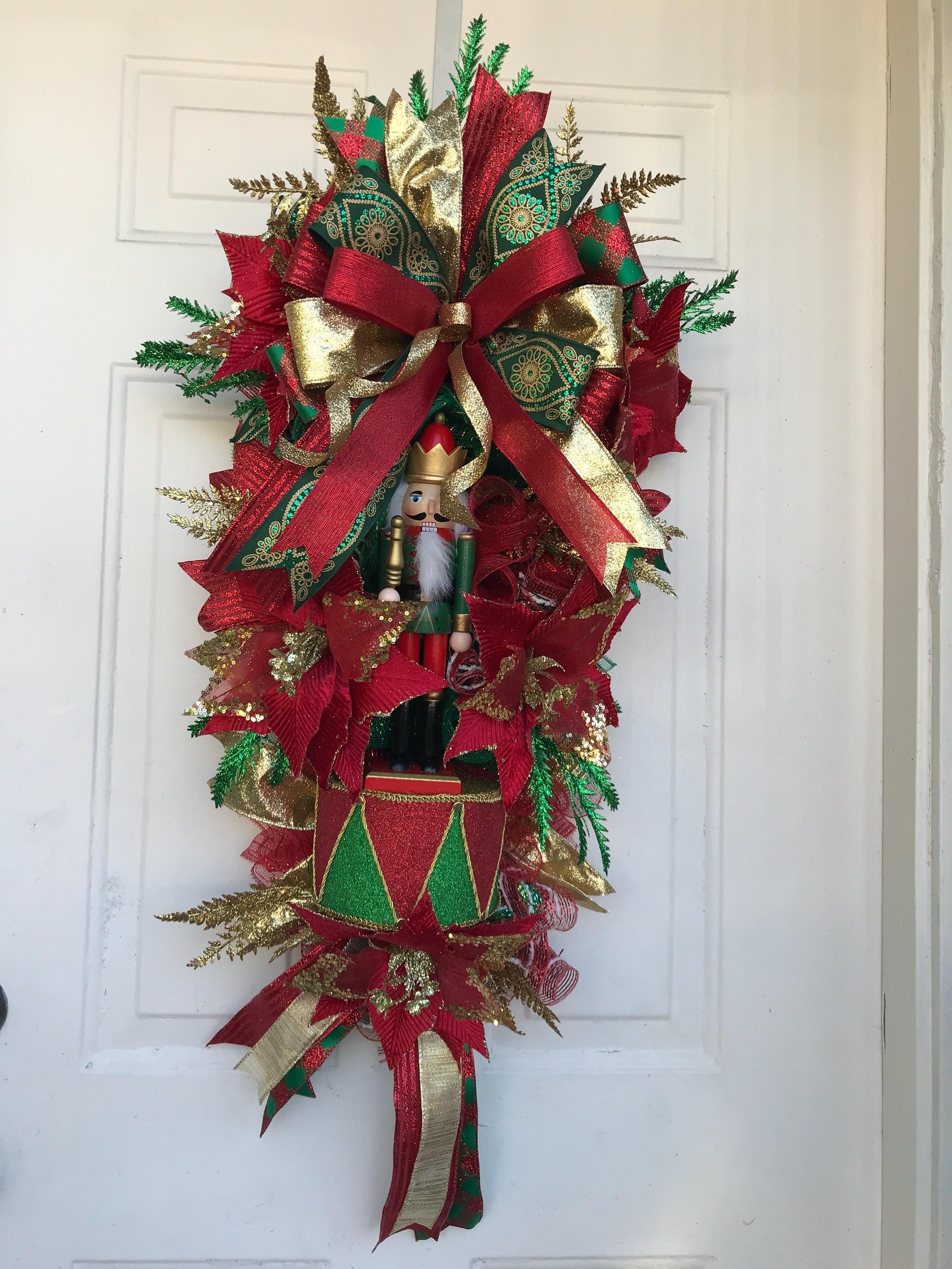 Nutcracker Christmas Swag, Poinsettia Flowers, Holiday Door Decor