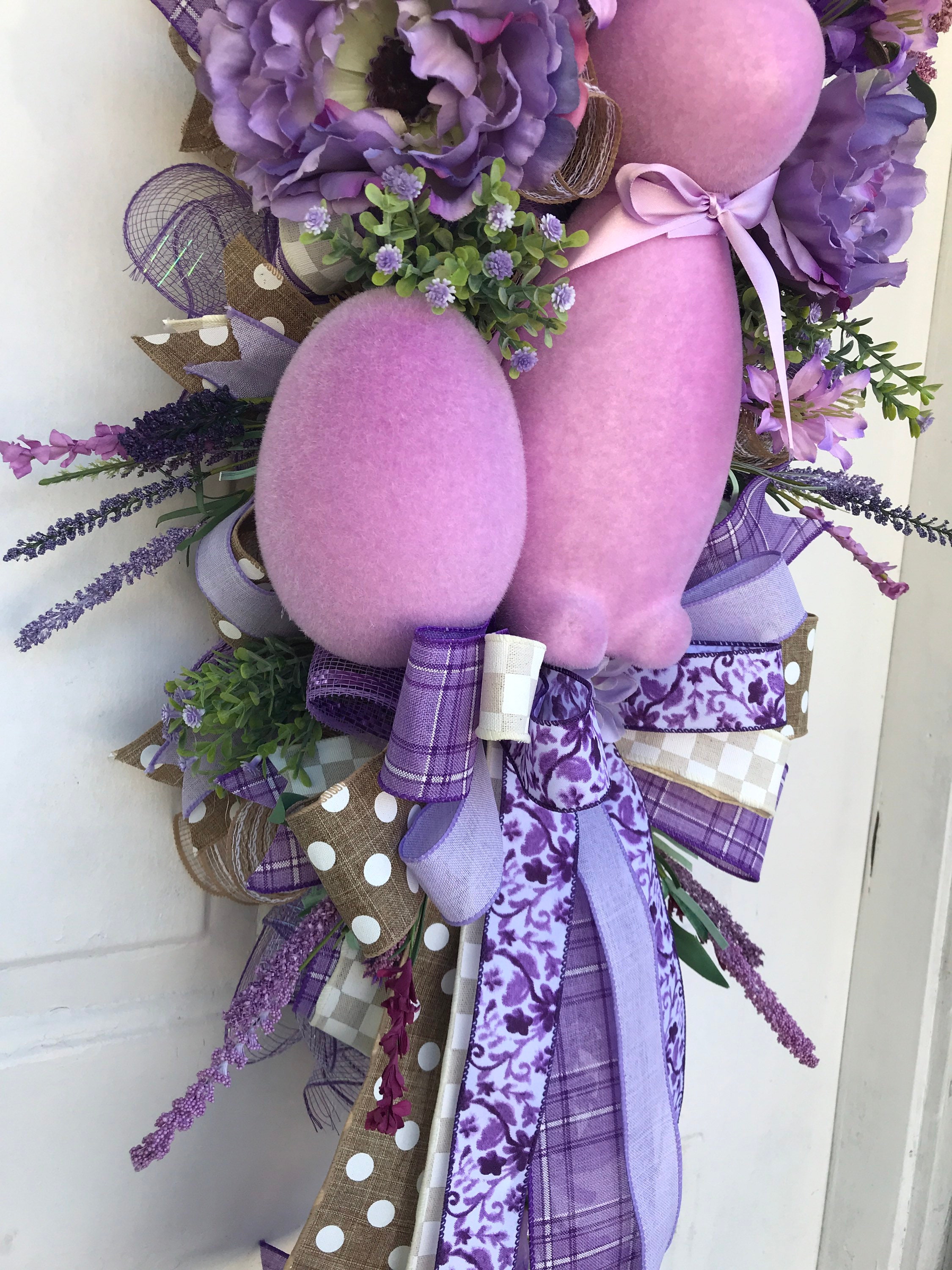 Hoppy Easter Door Hanger with Bow, Pink Stripe + Lavender