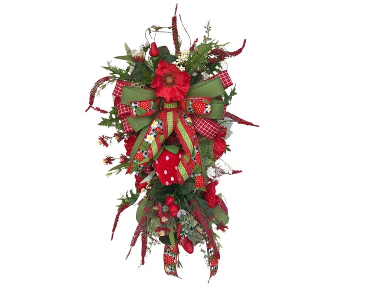 Strawberry Summer Small Swag, Red Floral Door Decor, Farmhouse Greenery ...