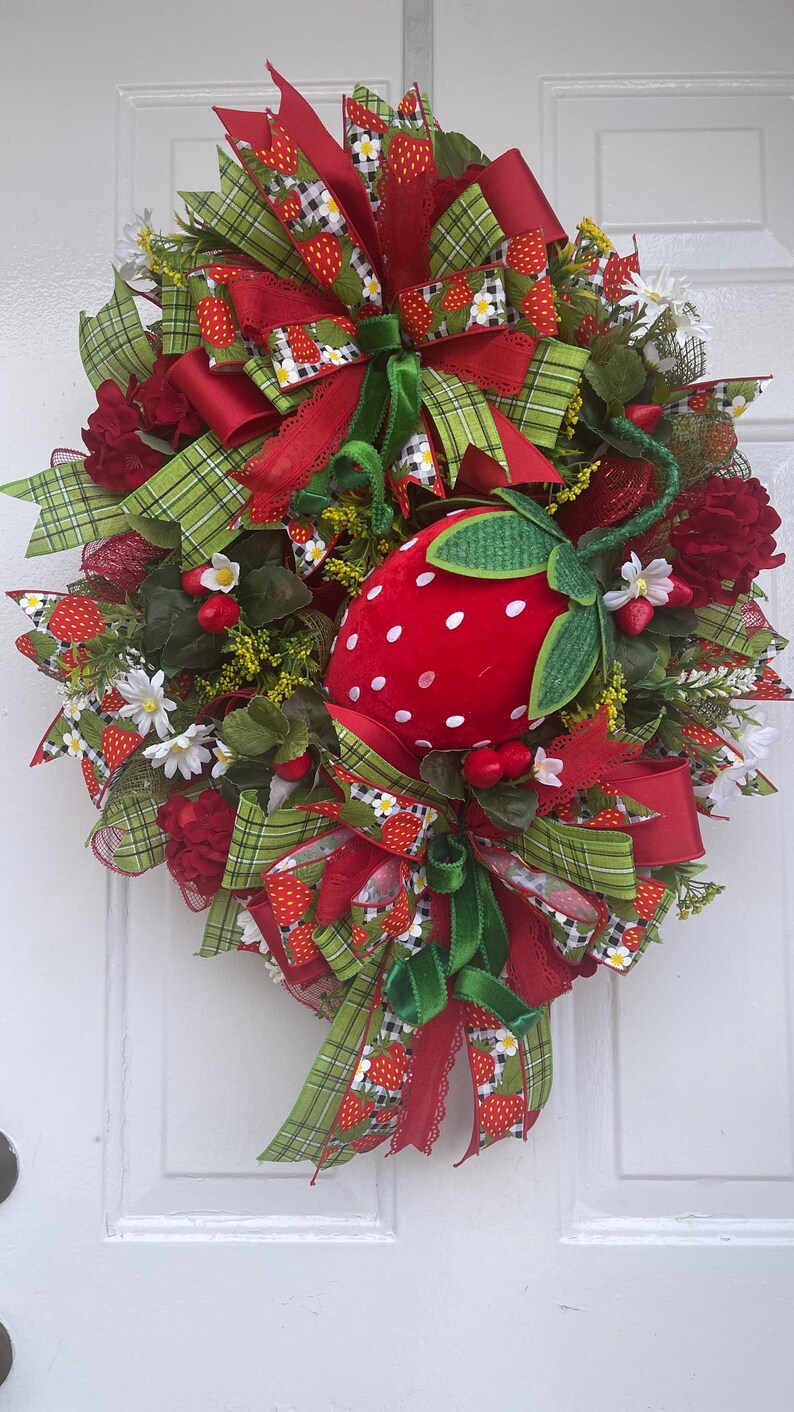 Handmade Strawberry Summer Wreath, Farmhouse Front Door Decor, Spring ...
