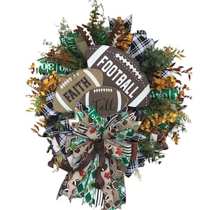 Football Fall Wreath for Front Door – Faith Family Football Decor – Game Day Door Wreath – Autumn Sports Themed Wreath Handmade