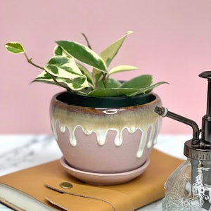 Pink Drip Glaze Planter with Attached Saucer | Glazed Pot with Drainage | Drizzle Pottery for Houseplant | Ceramic | Small | Medium | Large