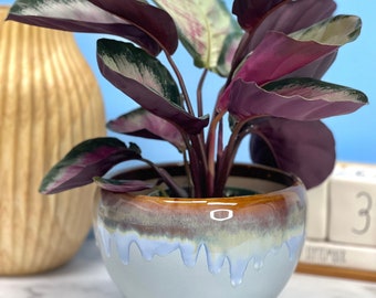 Blue Glazed Planter with Attached Saucer | Drip Pot with Drainage | Drizzle Pottery for Houseplant | Ceramic Indoor | Small | Medium | Large