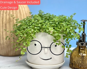 Head Ceramic Face Planter with Glasses | Planter with Drainage and Saucer | Planters and Pots | Cute Planter | Ceramic Flower Pots | Planter