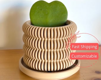 May include: A heart-shaped succulent plant in a beige ceramic planter with a wavy design. The planter has a matching saucer. The text "Fast Shipping" and "Customizable" is visible in the image.
