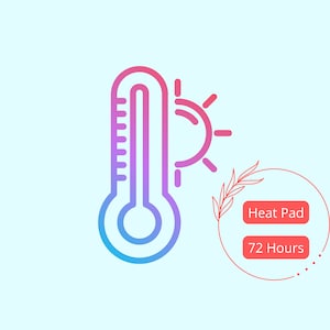 May include: A pink and blue line drawing of a thermometer with a sun icon next to it. The thermometer is at a high temperature. A red circle with the text "Heat Pad" and "72 Hours" is in the lower right corner.