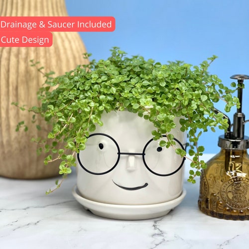 Head Ceramic Face Planter with Glasses | Planter with Drainage and Saucer | Planters and Pots | Cute Planter | Ceramic Flower Pots | Planter