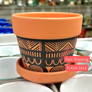 Patterned Terracotta Pot Set | Houseplant Planters and Pots Indoor | Terra cotta Pots | Indoor Plant Pots with Drainage and Saucer