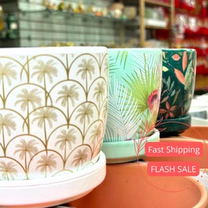Peut inclure: Trois pots de plantes en céramique avec différents motifs. Le premier pot est blanc avec un motif de palmier doré. Le deuxième pot est vert clair avec un motif de feuilles tropicales. Le troisième pot est vert foncé avec un motif floral.
