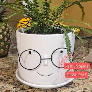 May include: A white ceramic planter with a smiling face design, featuring black-rimmed glasses. The planter holds a green fern plant and sits on a matching saucer. The design is whimsical and suitable for indoor plant decor.