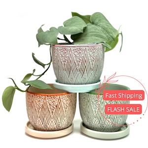 May include: Three ceramic planters with geometric patterns in pink, orange, and green. Each planter has a matching saucer. The planters are stacked on top of each other.