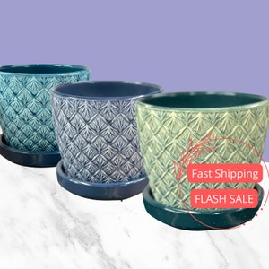 Quilted Planter Pots with Drainage Set | Glazed Planters and Pots Indoor | Planter with Saucer | Indoor Ceramic Plant Pots with Drainage