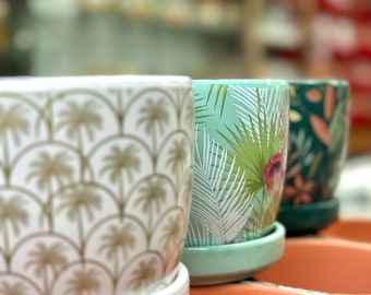 Tropical Planter Pots with Drainage Set | Glazed Planters and Pots Indoor | Planter with Saucer | Indoor Ceramic Plant Pots with Drainage