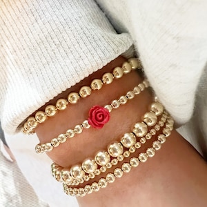 ローズビーズブレスレット | 14Kゴールドフィルド | スターリングシルバー | 花 | バラ | 変色なし | 防水 | ギフトアイデア | ホリデー