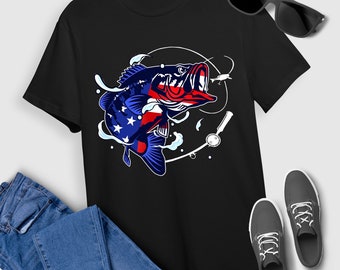 Bass Fishing T-Shirt Bass Fishing Fish American Flag Dad Father 4th Of July T-Shirt For Men Women