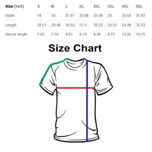 Puede incluir: Tabla de tallas para una camiseta con medidas en pulgadas para el ancho, la longitud y la longitud de la manga. Las tallas van de la S a la 5XL.