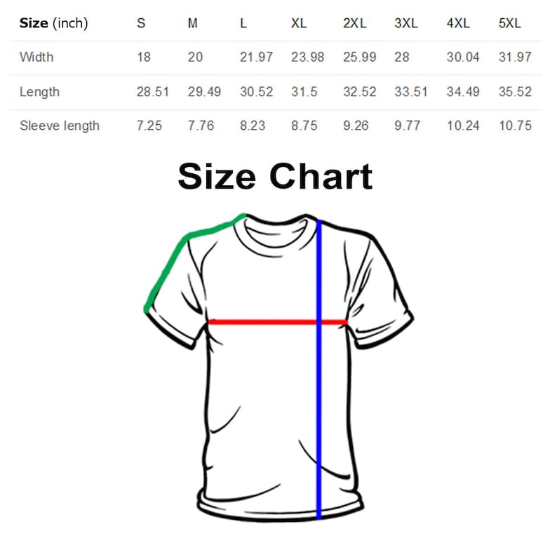 Puede incluir: Tabla de tallas para una camiseta con medidas en pulgadas para el ancho, la longitud y la longitud de la manga. Las tallas van de la S a la 5XL.