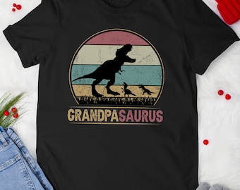 Father's Day Tshirt T Rex Grandpasaurus Grandpa of 2 Grandkids Dinosaurs T-Shirt For Men Grandfather