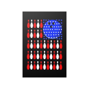 May include: A black background with a bowling ball and bowling pins arranged in the shape of the American flag. The bowling ball is blue with white stars and the pins are red and white.