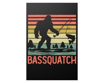 Póster de la pared de pesca Bassquatch! Divertido pie grande Pesca al aire libre Retro Wall Art Print Poster Decoración del hogar