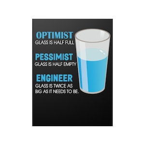 May include: A black and white graphic with a glass of water. The text reads "Optimist: Glass is half full", "Pessimist: Glass is half empty", and "Engineer: Glass is twice as big as it needs to be."