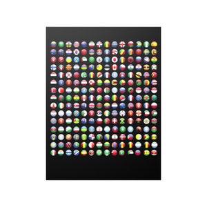 May include: A black background with a grid of 100 colorful round buttons, each featuring a different country's flag.