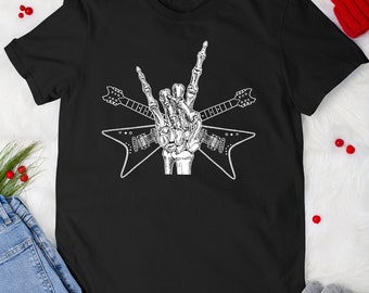 Rock Music Tshirt Skeleton Rock Hand Sign Rock and Roll Music Bands Lovers T-Shirt For Men Women